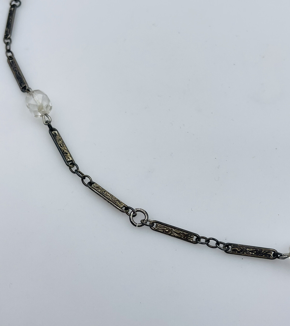 Antique Sterling Silver Ornate Bar Link Glass Bead Station Chain Necklace