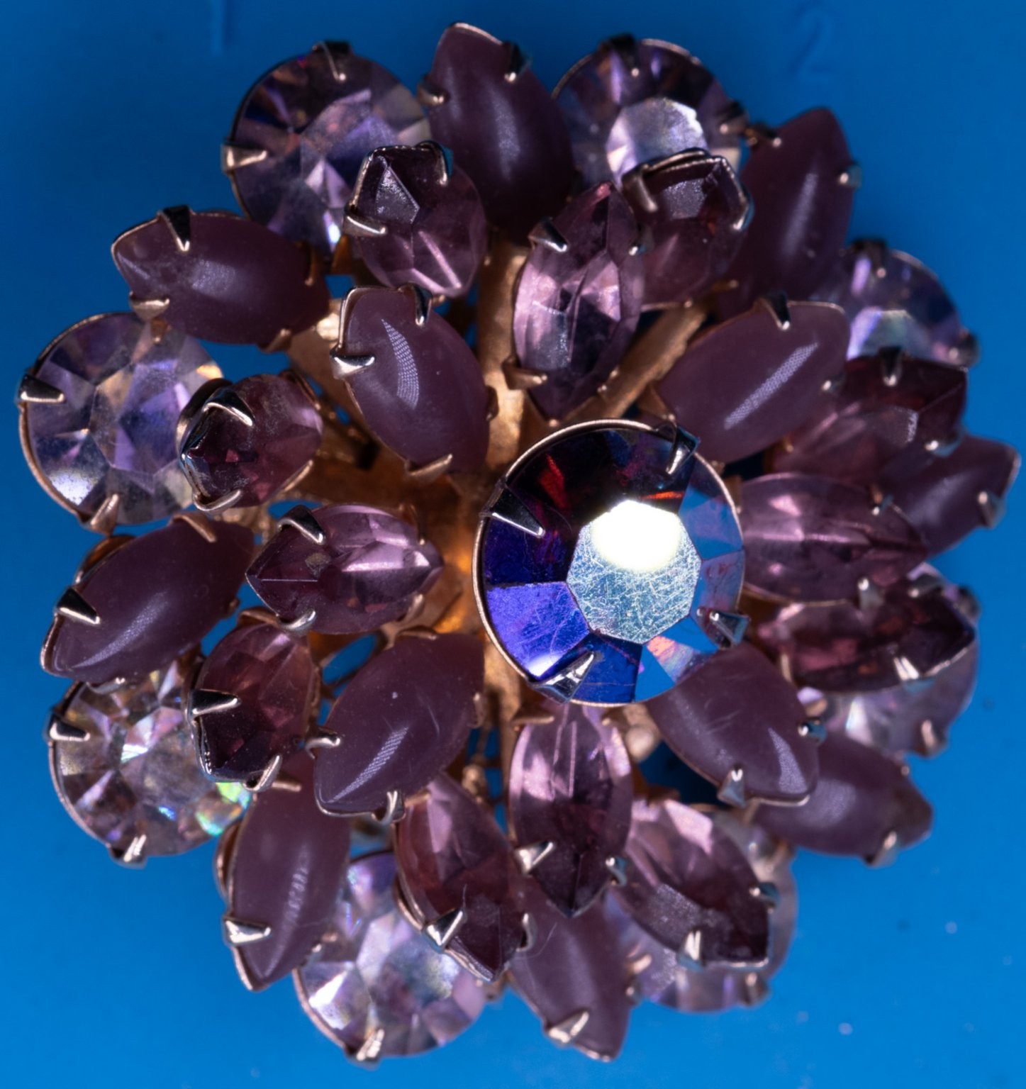 Vintage Floral Cluster Brooch Gold Tone 1.75″ Purple Rhinestone Lavender