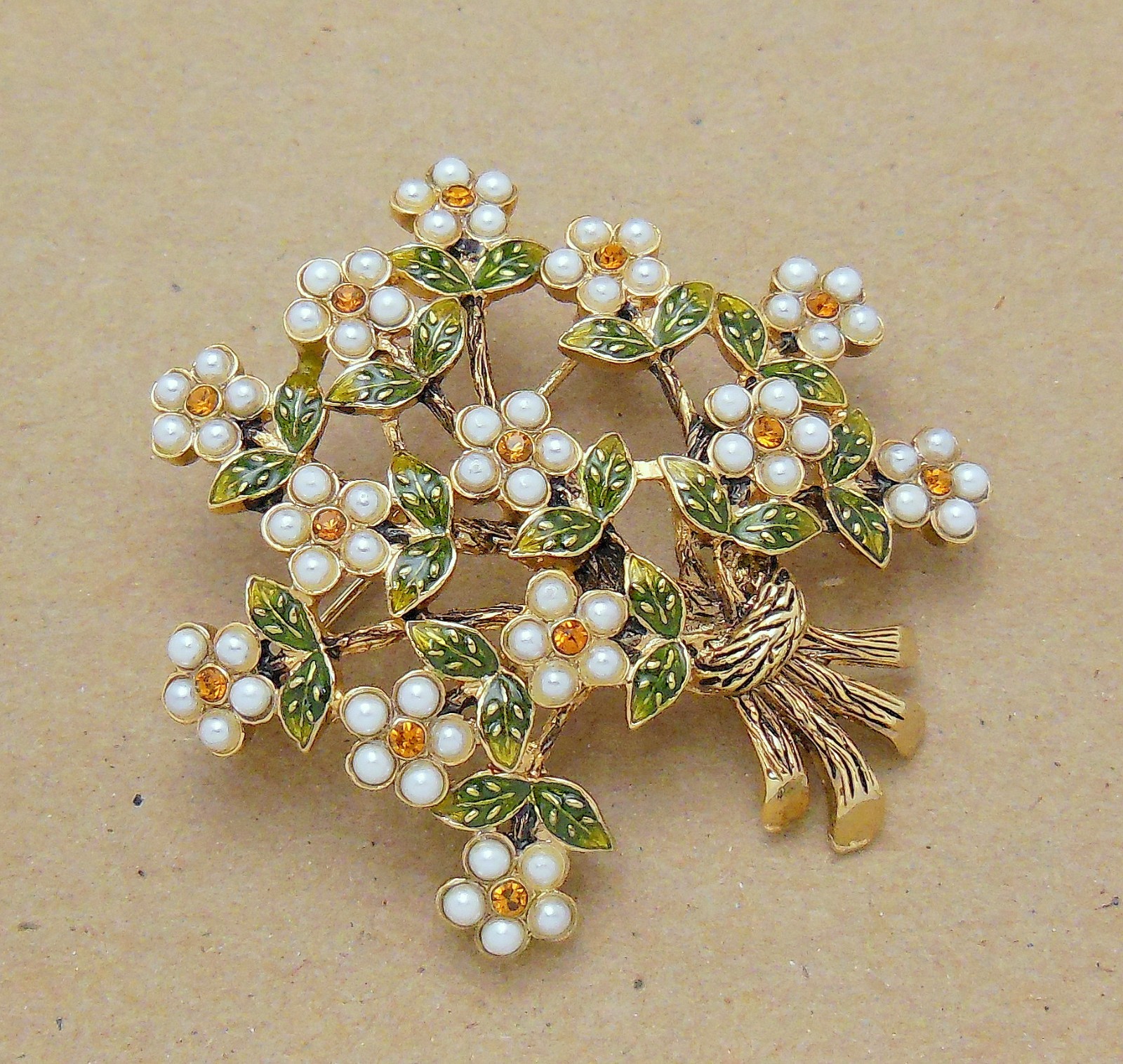 Beautiful Signed MONET Faux Pearl RS Enamel Leaf Flower Sprig Bouquet Brooch Pin