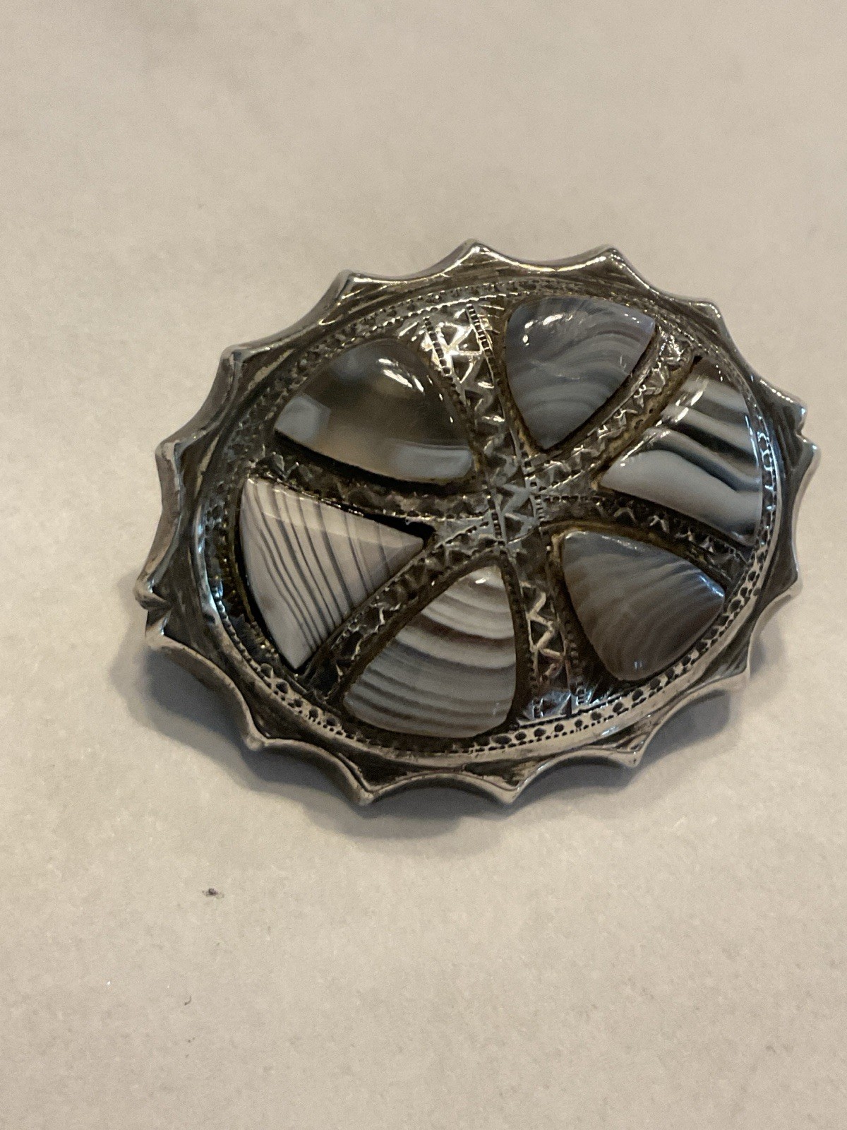 Antique Sterling Silver and Grey Agate Stone Scottish Pin 9.64 Grams