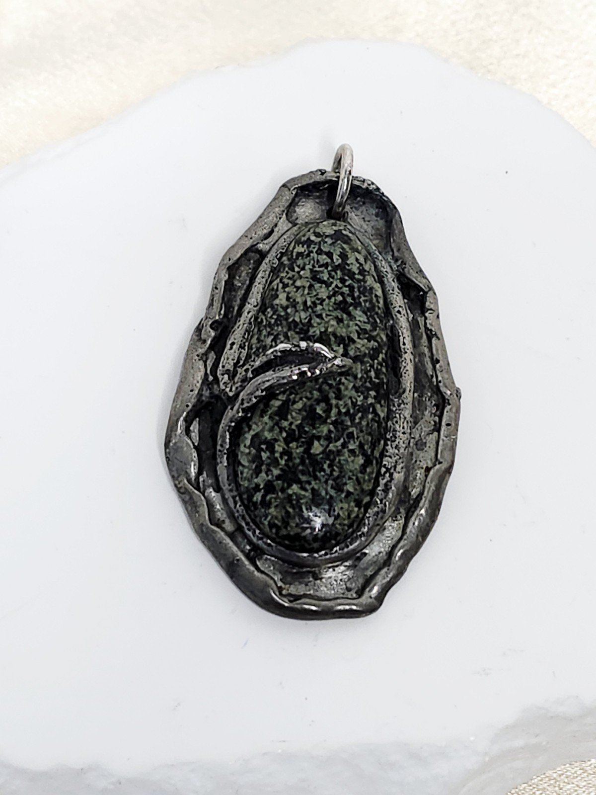 Handmade Nickel Silver Or Pewter Pendant W Polished Black & Green Stone – 2″ L