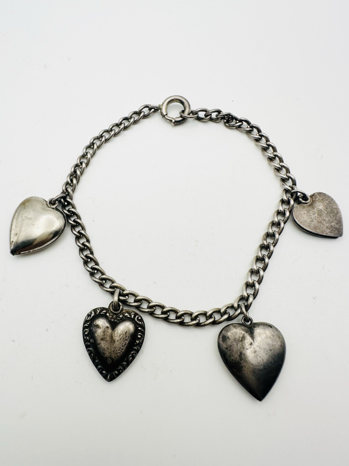 Antique Victorian Sterling Silver Puff Heart Charm Bracelet 7.5”