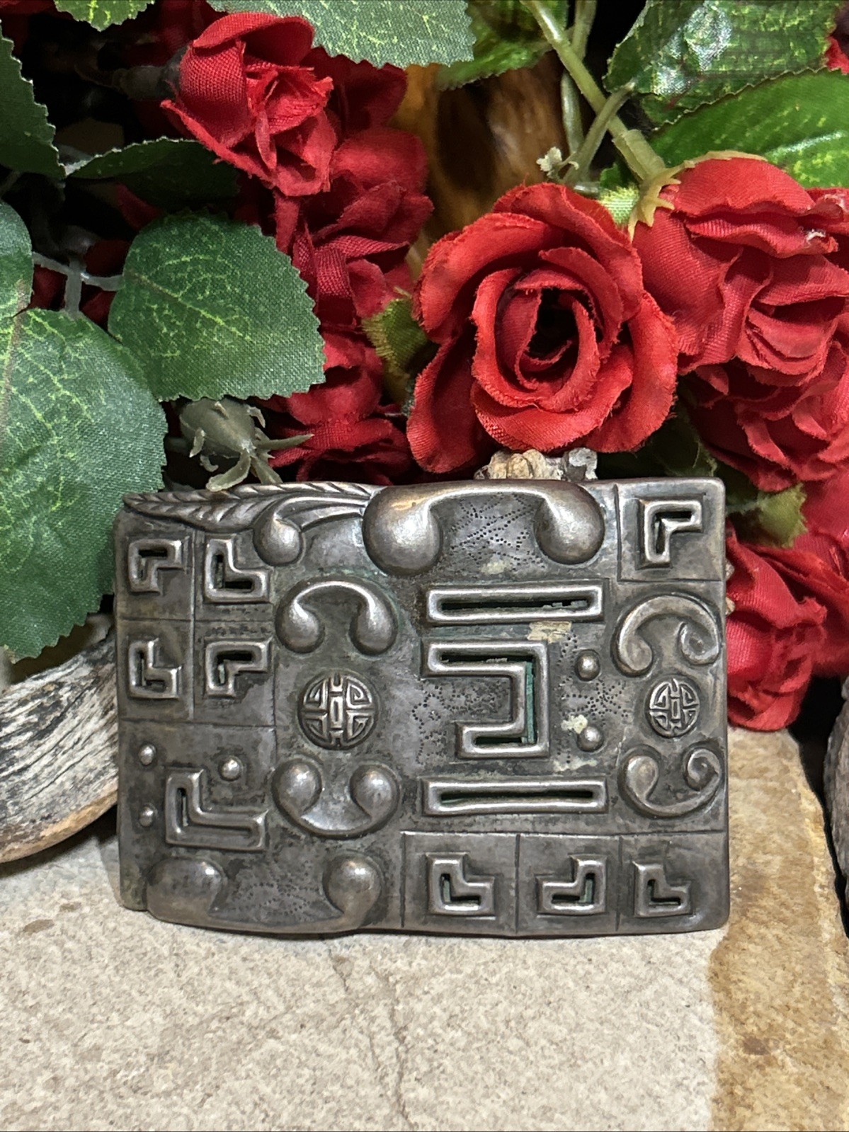 39. Old CHIN SUNG Silver Tribal Repousse Shadow Box Rectangle Pin 67 x 50mm