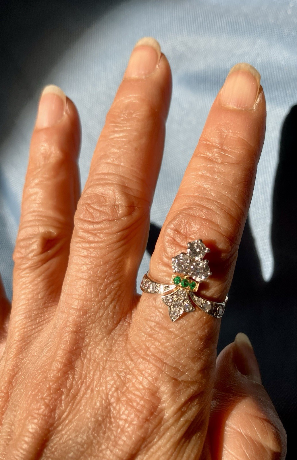 Art Deco French Duchess 18K Diamond And Emerald Ring
