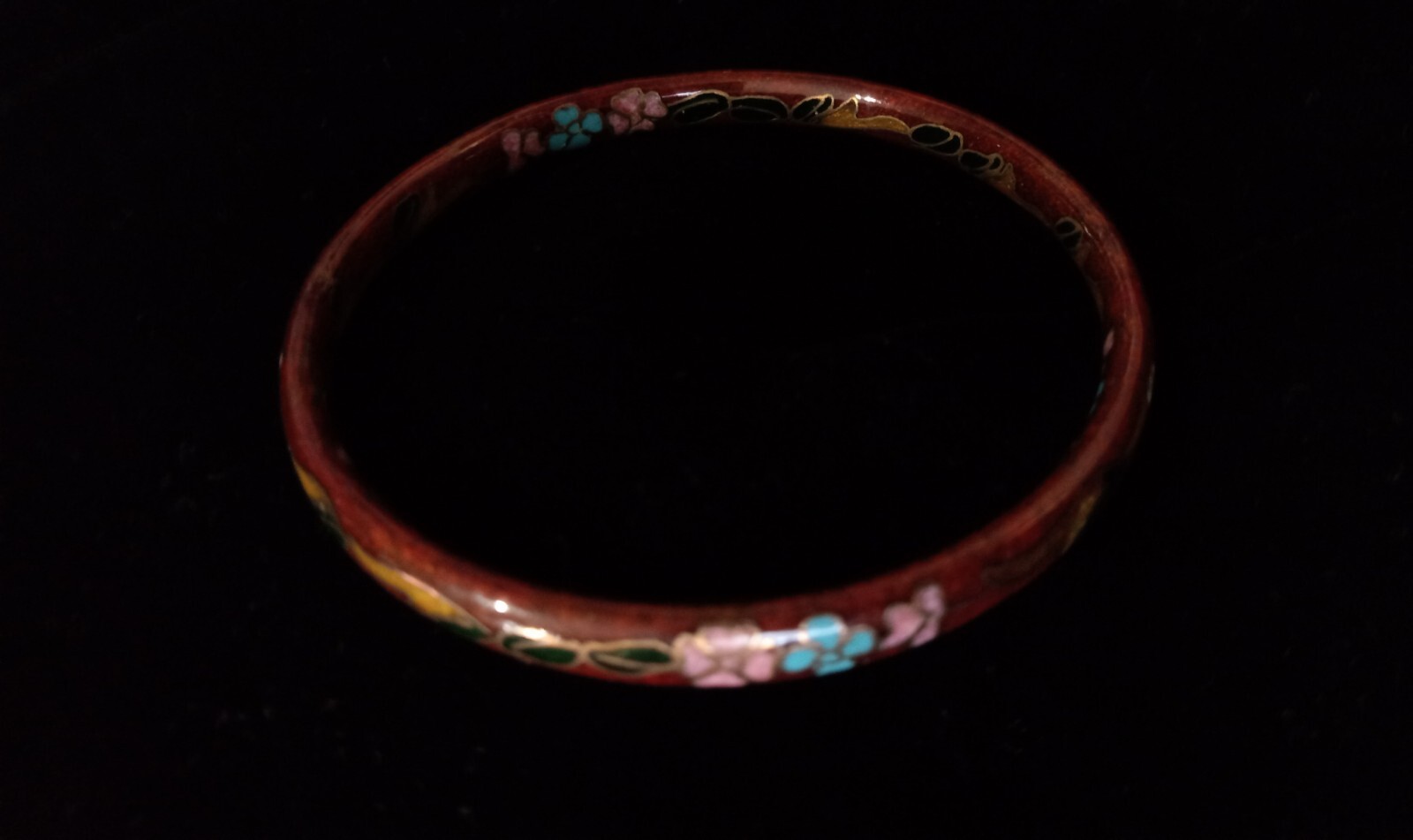 Vintage Chinese Redish Brown Gold Cloisonne Enameled Flower Bangle Bracelet