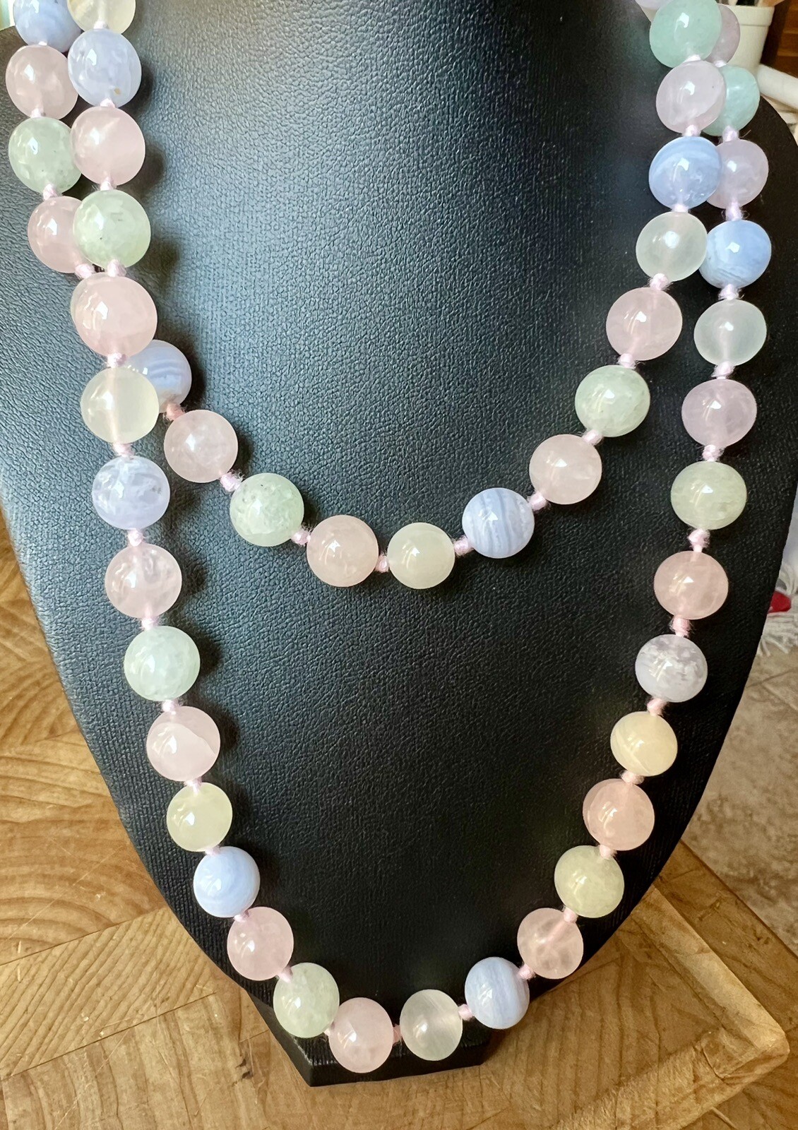 Vintage Multi Color Pastel Quartz Round Bead Long 33” Knotted Necklace
