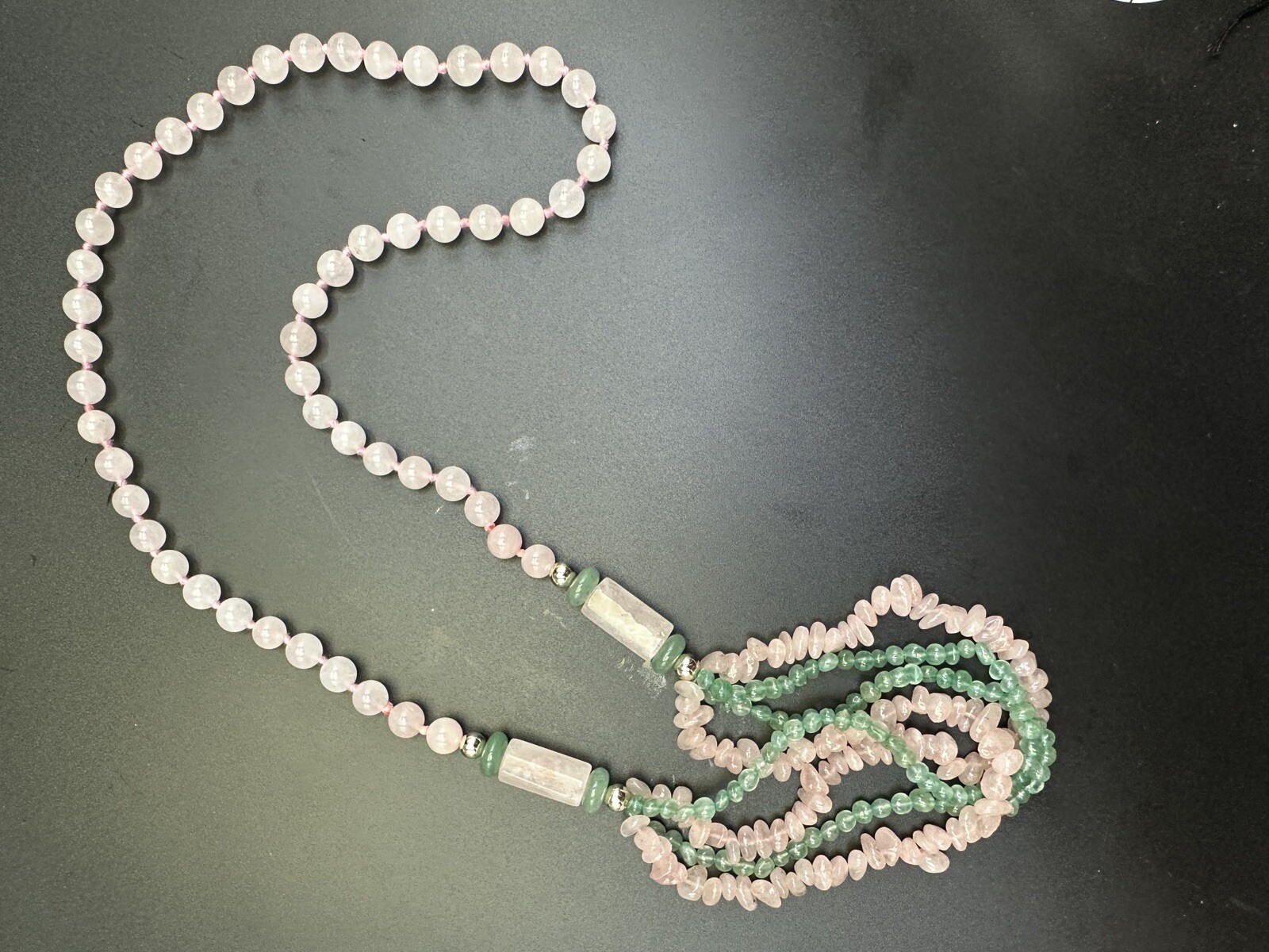 Vintage Chinese Export Multistrand Pink Rose Quartz Green Jade Necklace Stunning