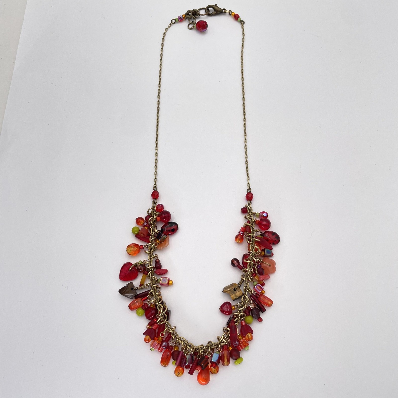 Red Multicolor Beaded Statement Bib Necklace Brass Chain Boho Jewelry