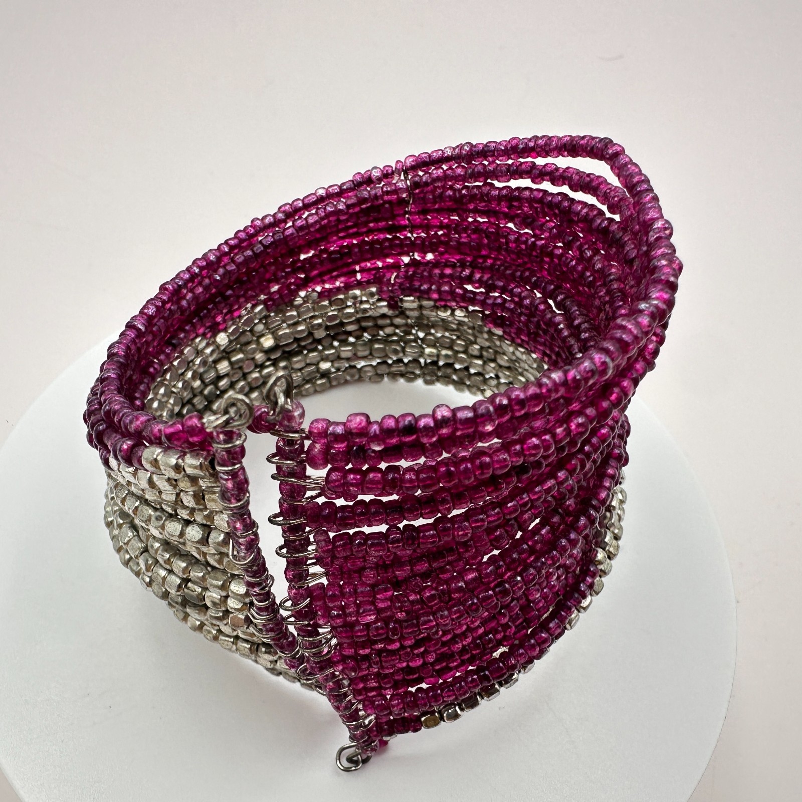 Vintage 90s Magenta Pink &Silver Seed Bead Multi-Strand Wrap Cuff Bracelet Boho
