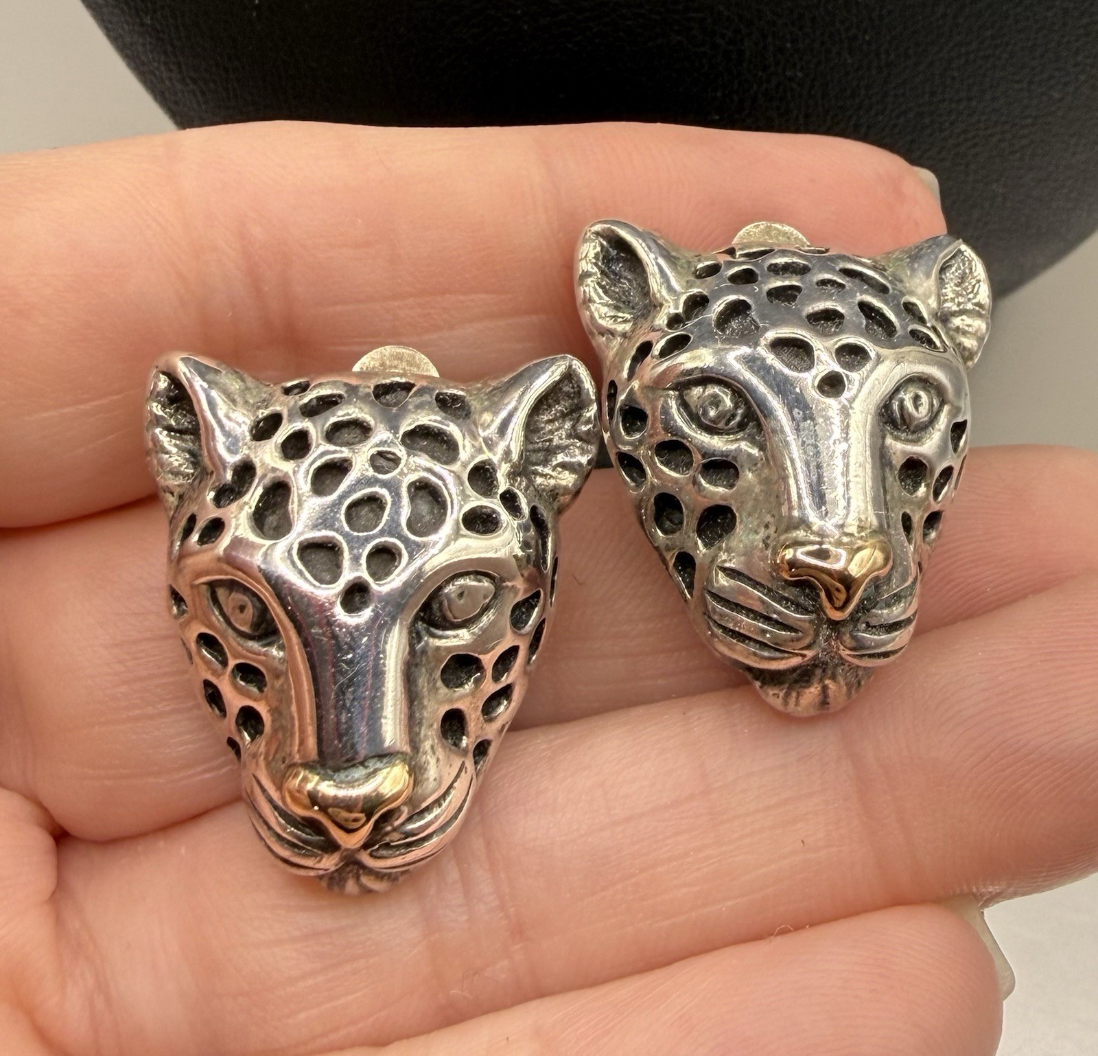 Dian Malouf Sterling Silver 925 & 14k Gold Leopard Head Clip on Earrings