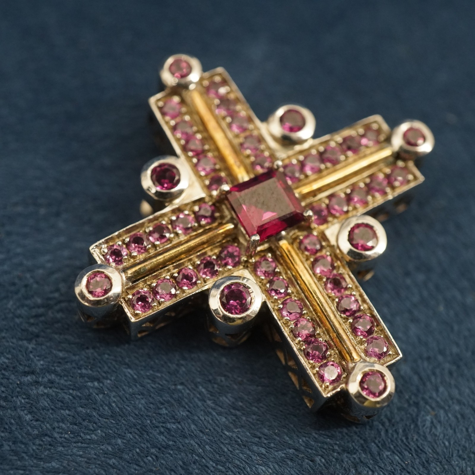 18k Yellow Gold Sterling Silver Pink Stone Square Cross Pendant- Free Ship USA