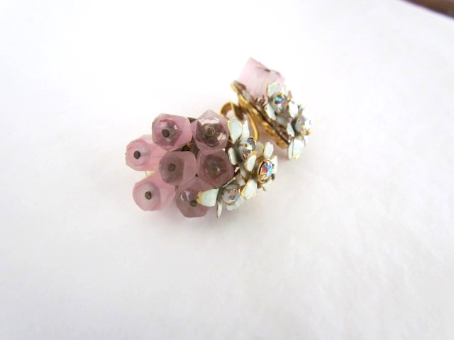 Vintage Sandor Earrings Rose Quartz Floral Cluster Enamel AB Rhinestones RARE