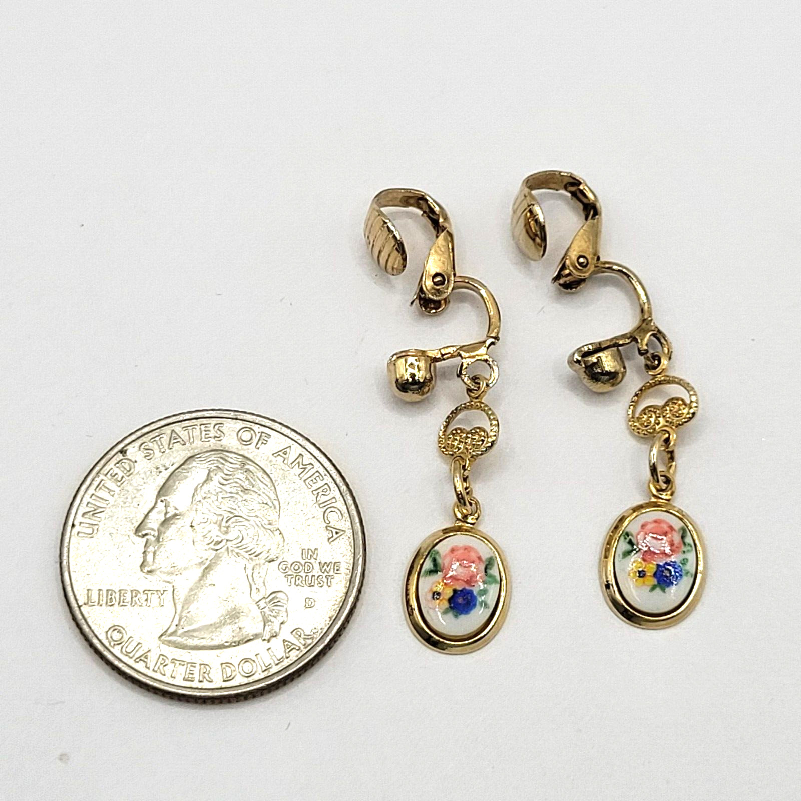 Petite Hand Painted Flowers Porcelain Gold Tone Drop Dangle Vintage Earrings