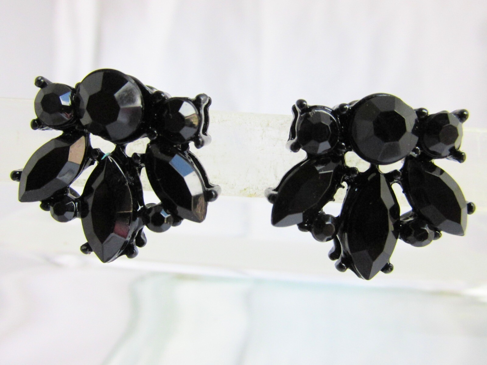 Vintage Black Rhinestone Pierced Earrings Black Enamel Finish