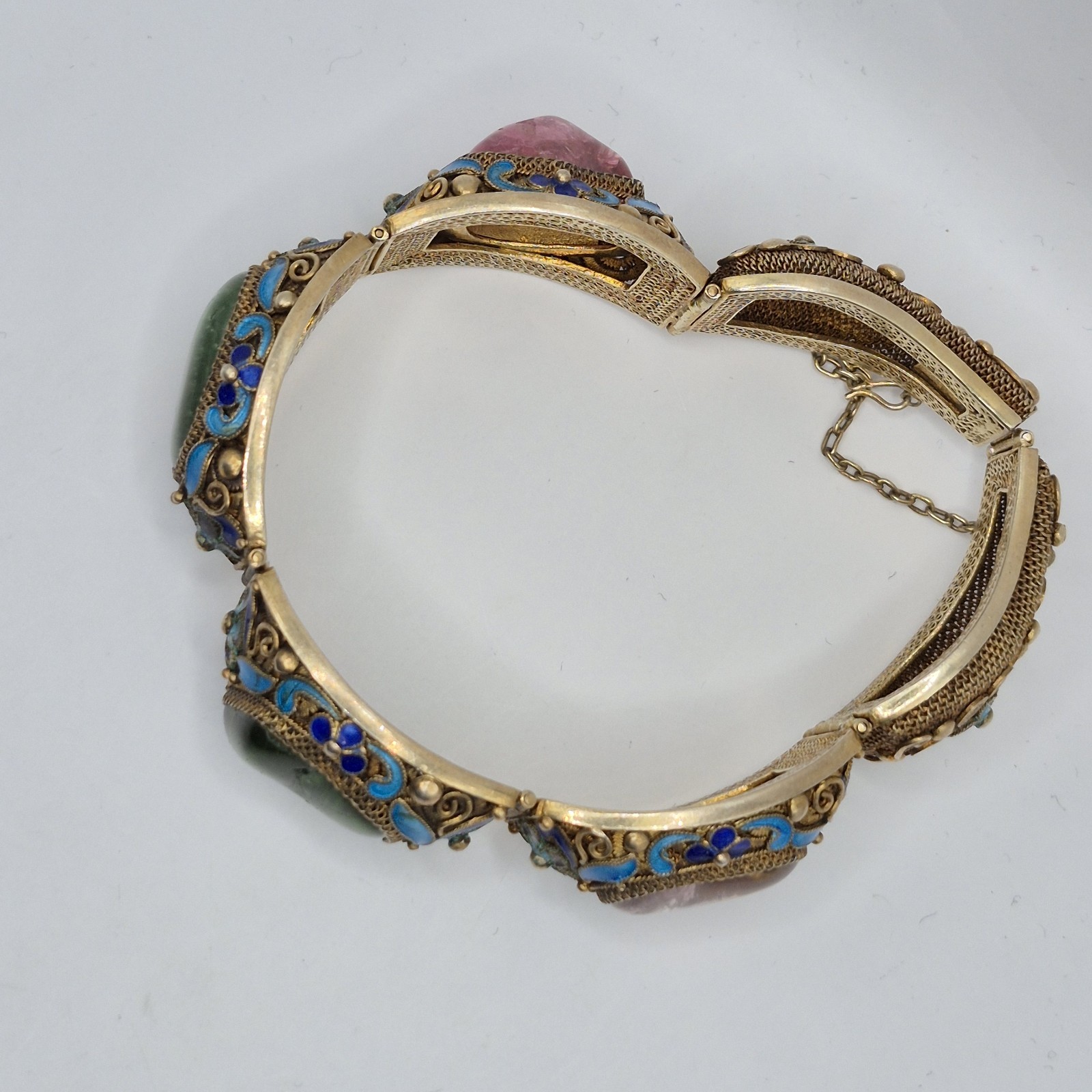 Vintage Silver W/ Gold Wash Chinese Export Tourmaline Enamel Filigree Bracelet