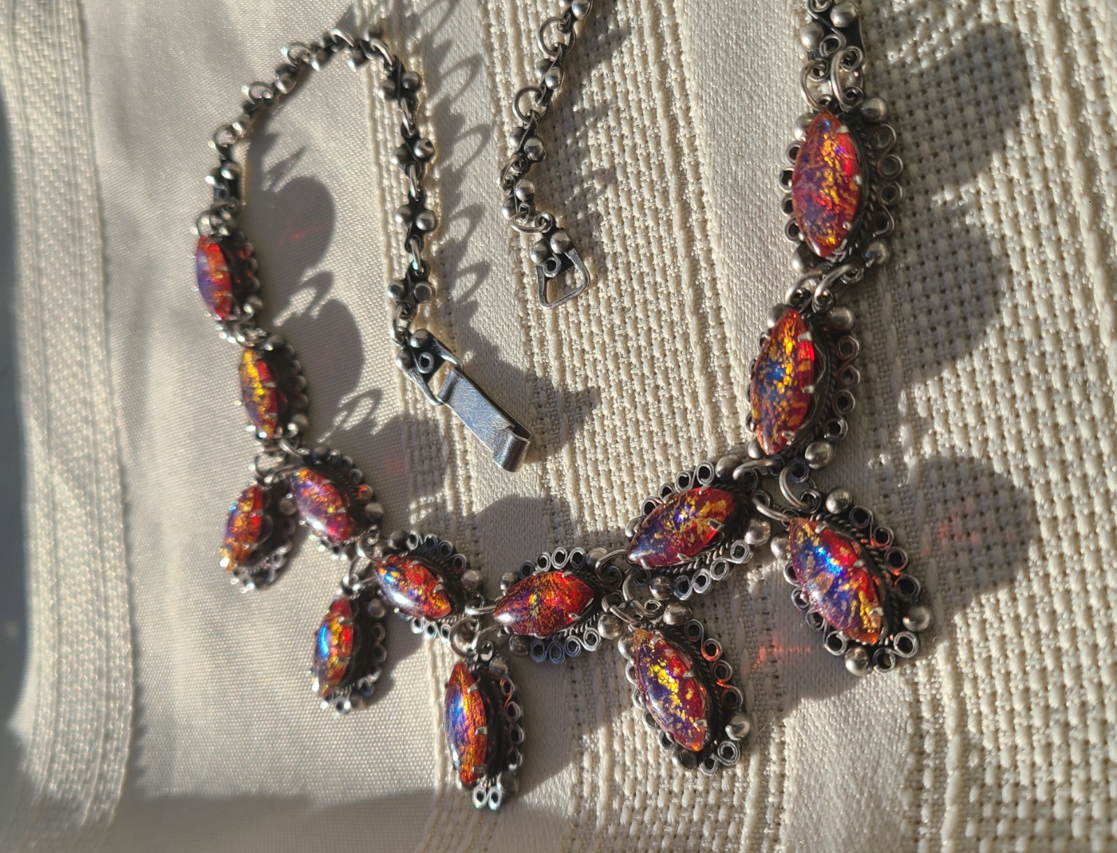 Vintage Sterling Silver Dragon’s Breath & Gold Foil Glass Jelly Opal Necklace