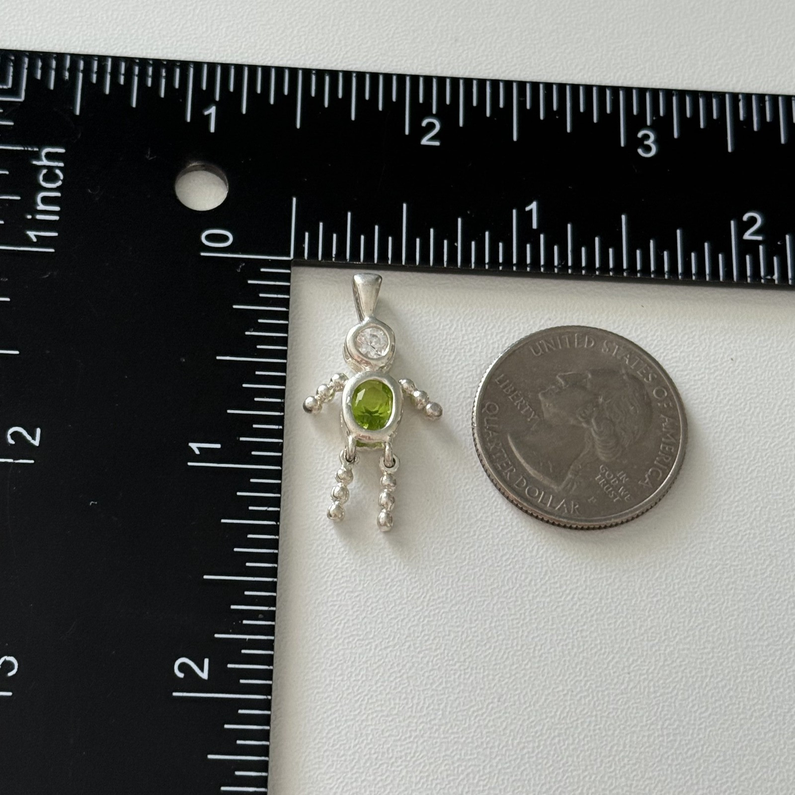 Vintage 925 Sterling Silver Green CZ Movable Stick Figure Person Charm Pendant