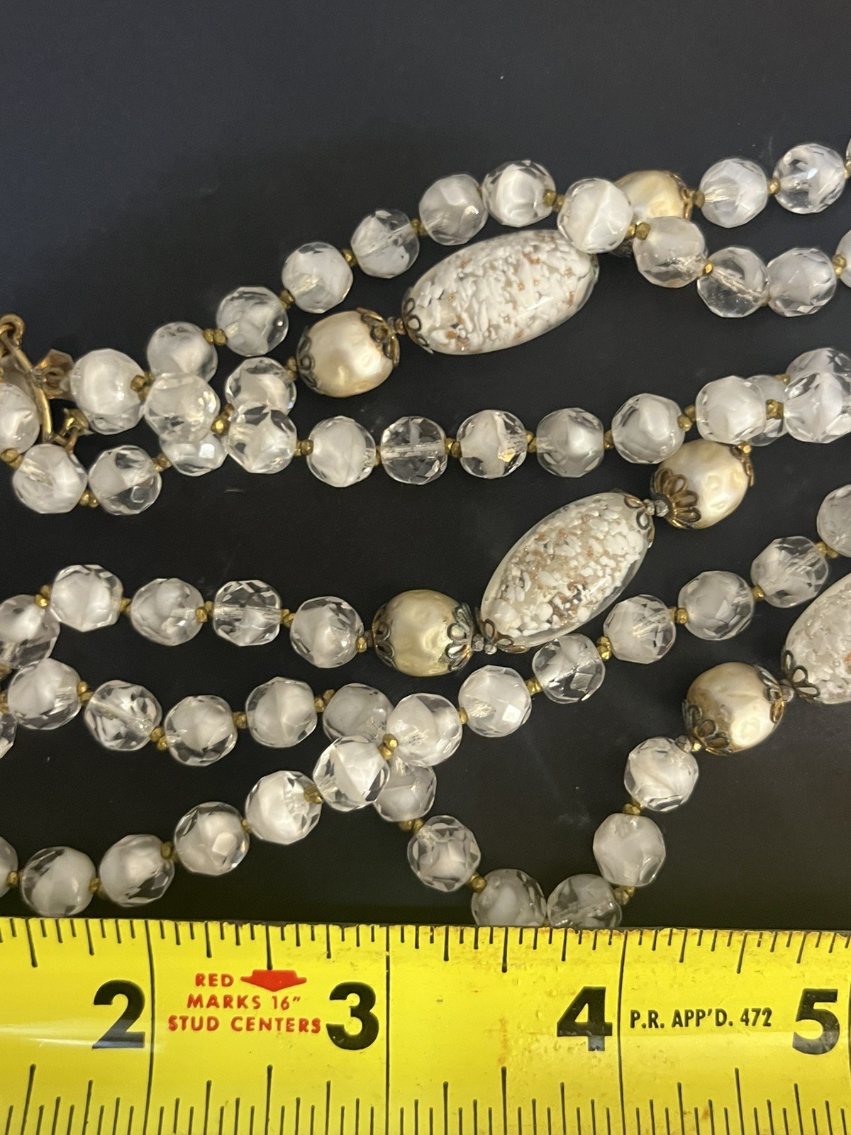 Vintage Foil Glass Necklace Murano Multistrand White Beaded Estate Jewelry Rare