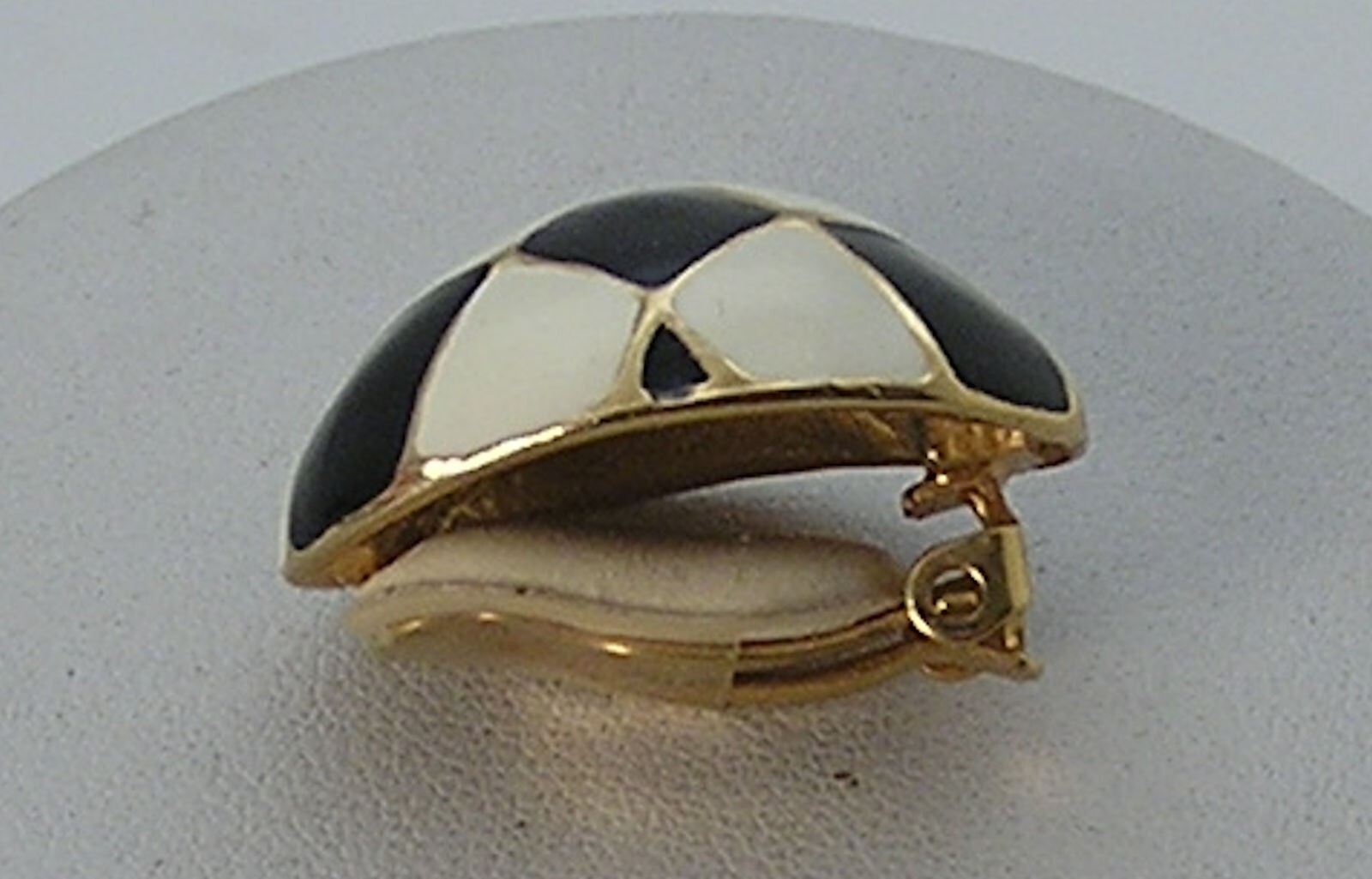 Vintage Gold Tone Gay Boyer Black-White Checkerboard Enamel Domed Oval Earrings