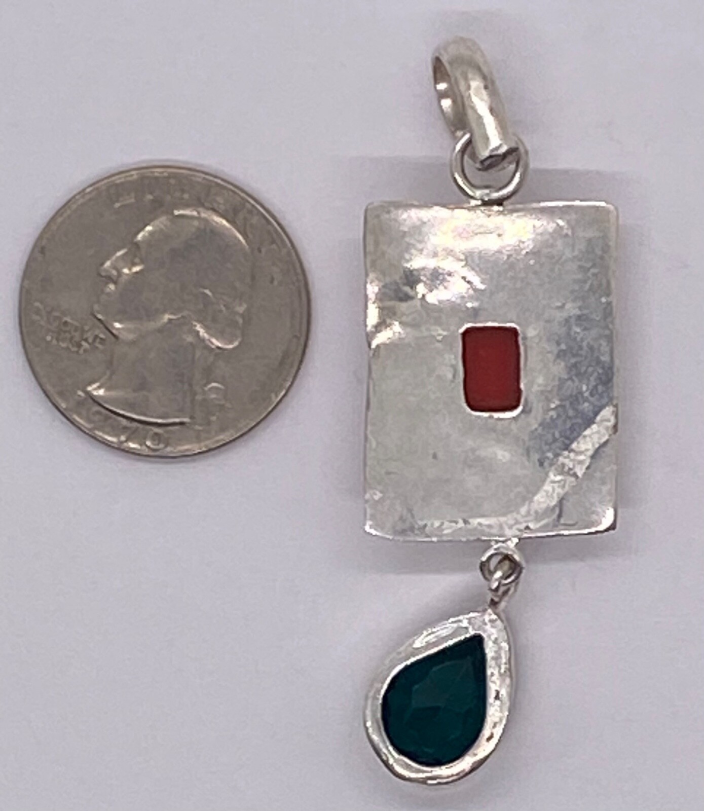 Red Coral Colored Stone Silver Pendant with Deep Green Blue Pear Shaped Stone
