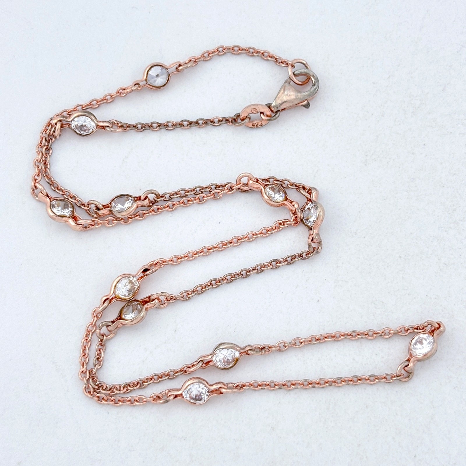 Vintage Sterling Silver 925 Rose Gold-Tone Cubic Zirconia Station Necklace 16″
