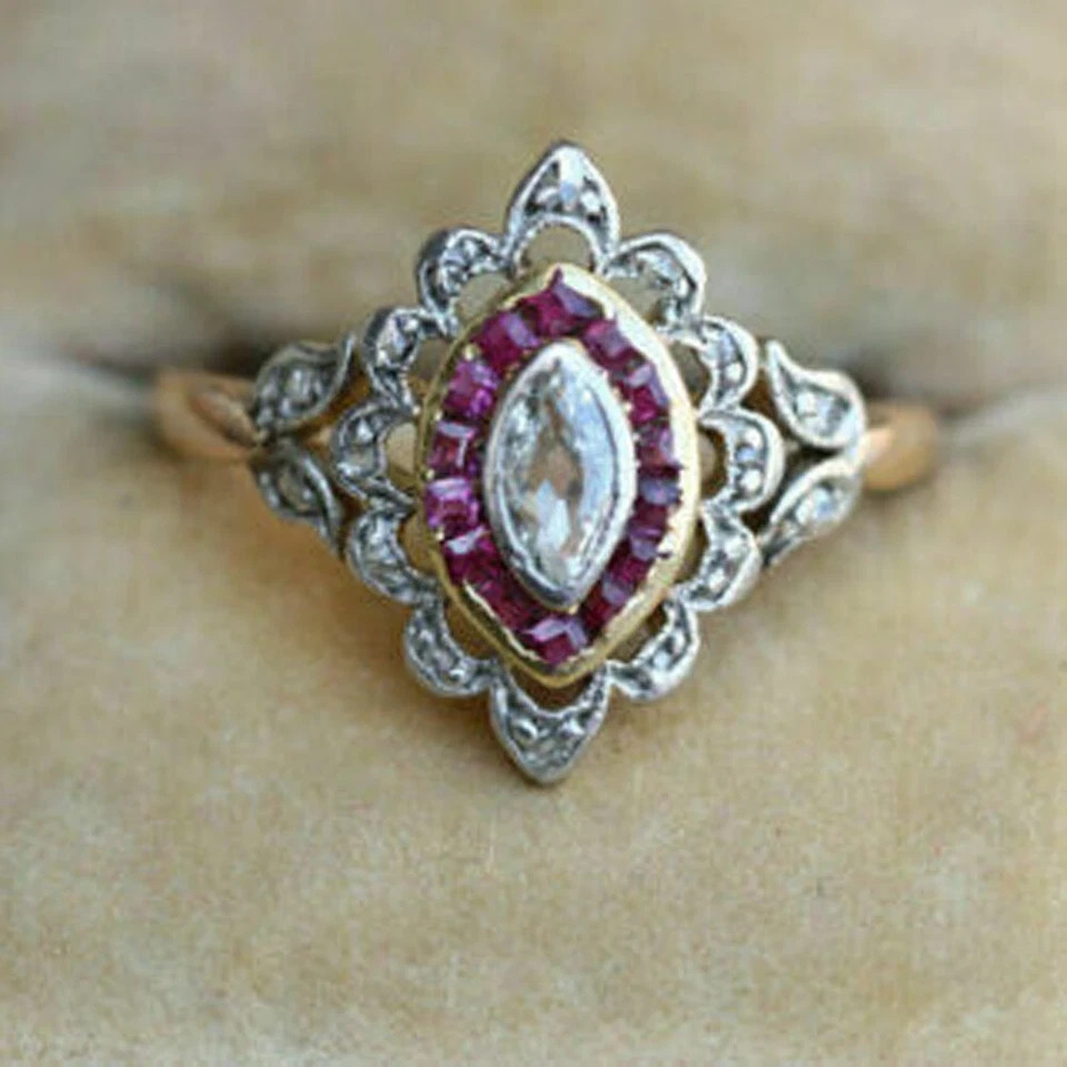 Vintage Art Deco Ruby & Simulated Diamond 14k Yellow Gold Finish Engagement Ring