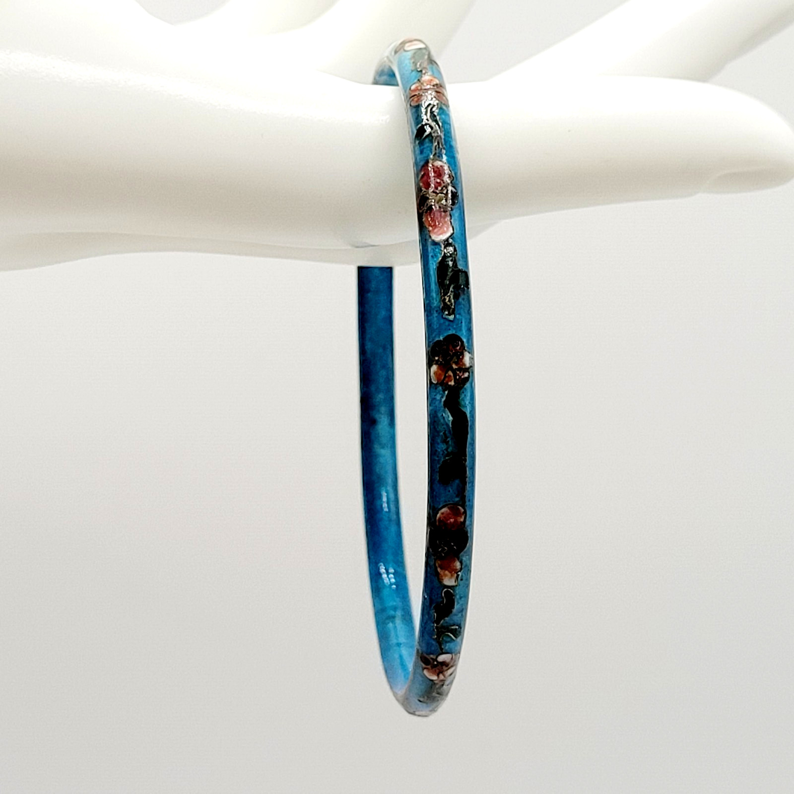 Cloisonné Light Blue Enamel Floral Hand Painted Asian Inspired Bangle Bracelet