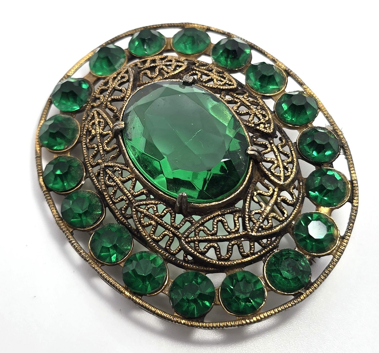 Emerald dark green chaton rhinestone fall tribal leaf vintage brooch