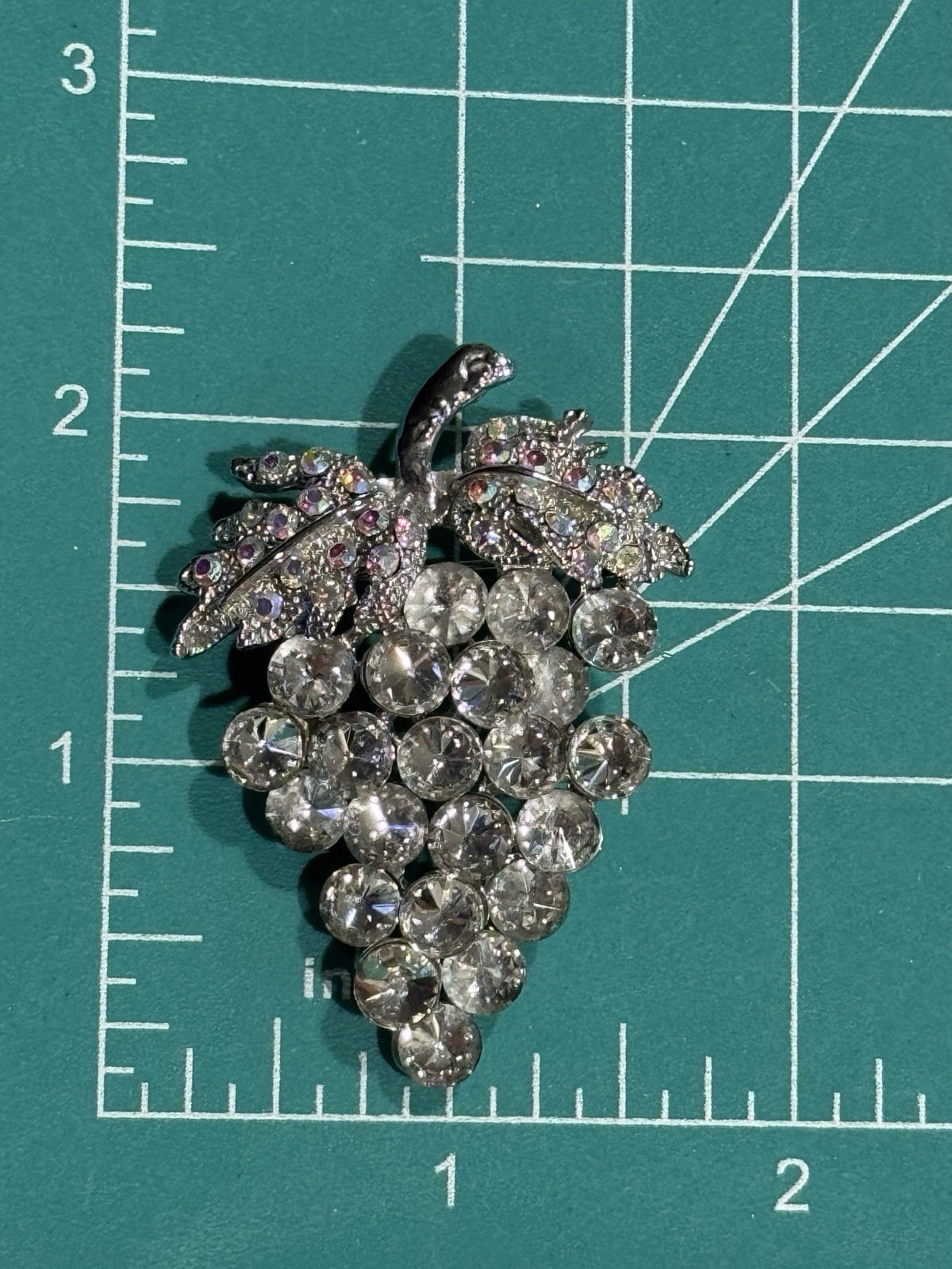 Unique Vintage Clear Rhinestones Bunch of Grapes With Leaves Pin Brooch