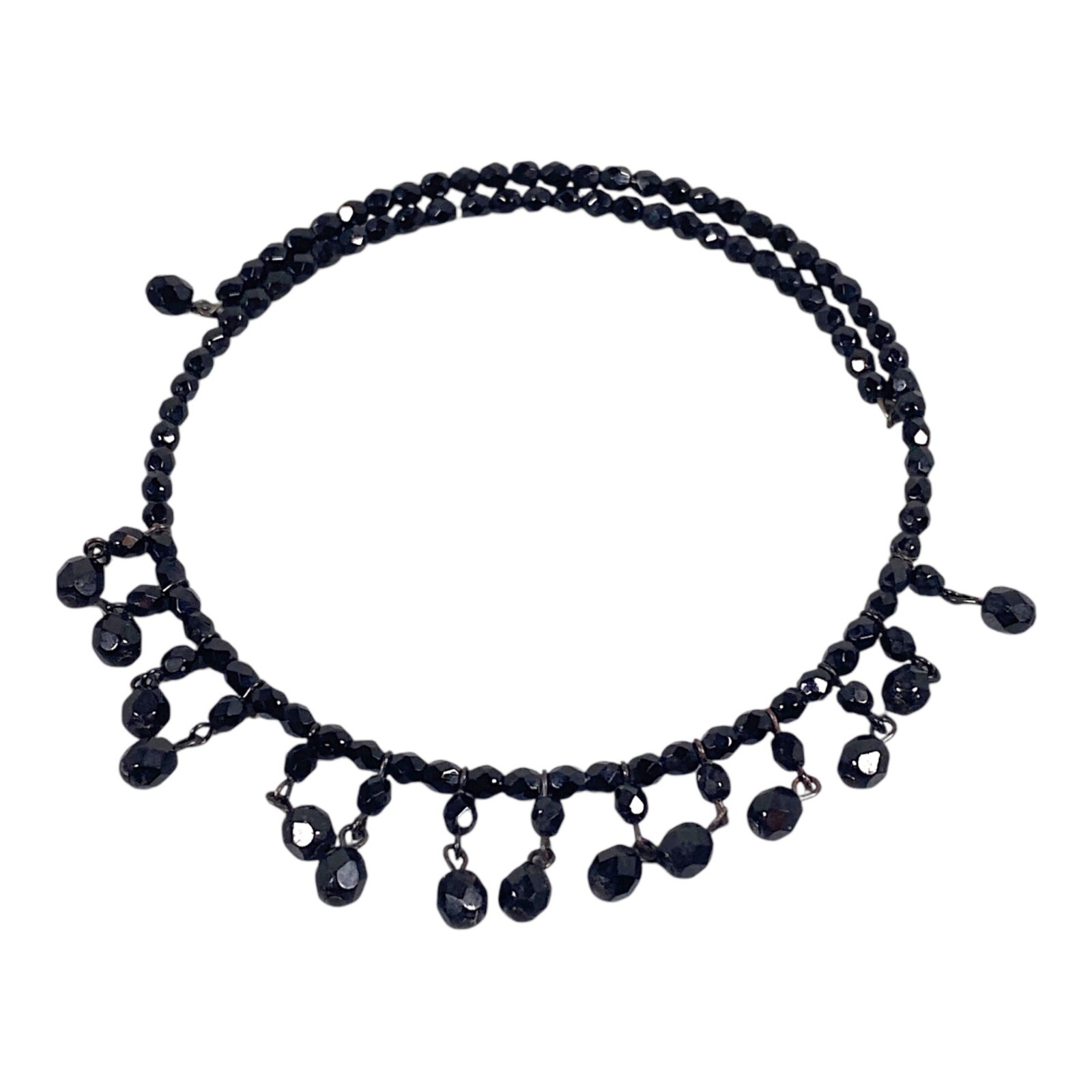 Victorian Revival Choker Necklace 16″ Black Glass Wire Dangle MCM VTG Witch Goth