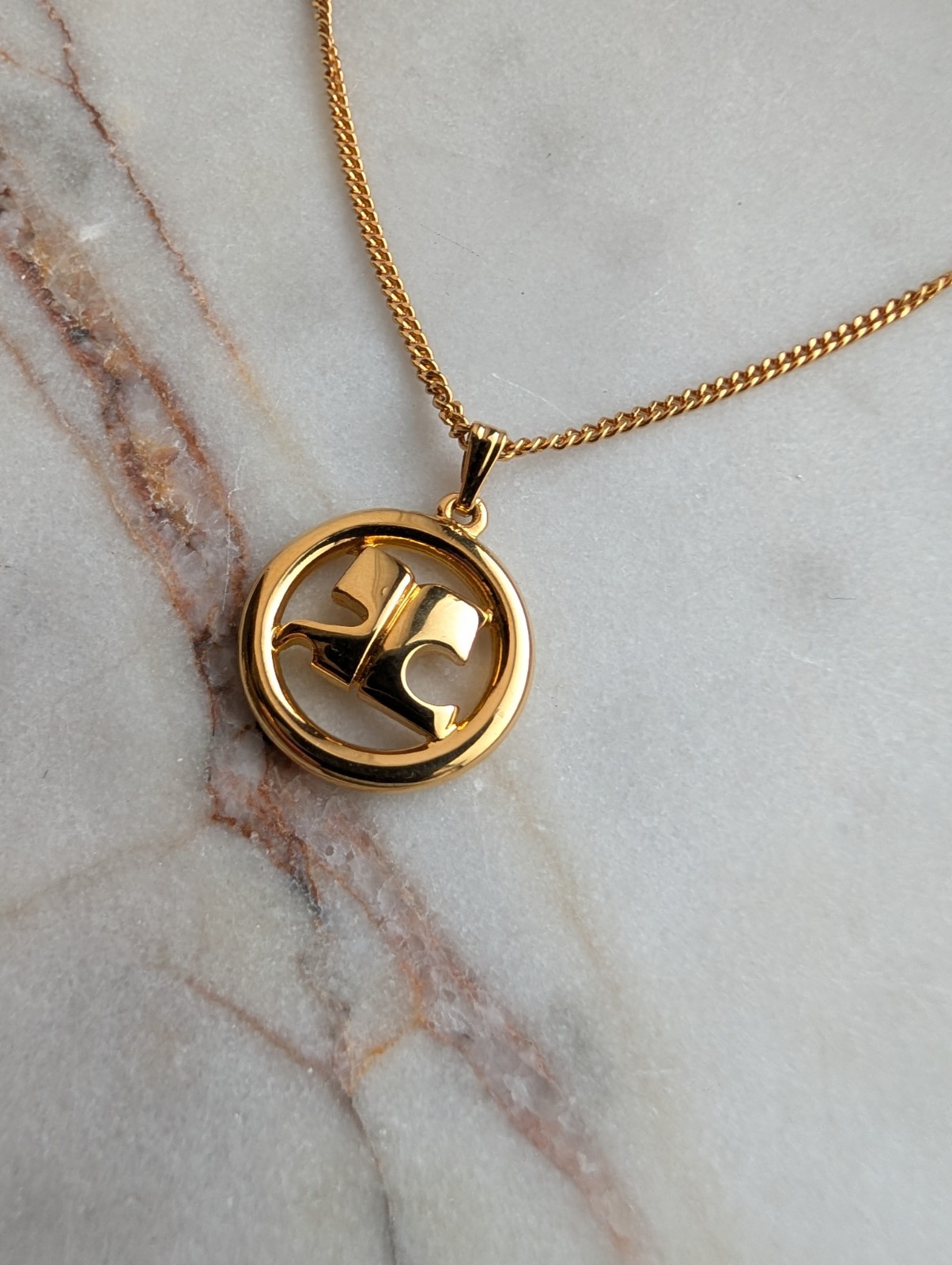 Vintage Courrèges Gold-Plated Circular “AC” Logo Pendant Necklace