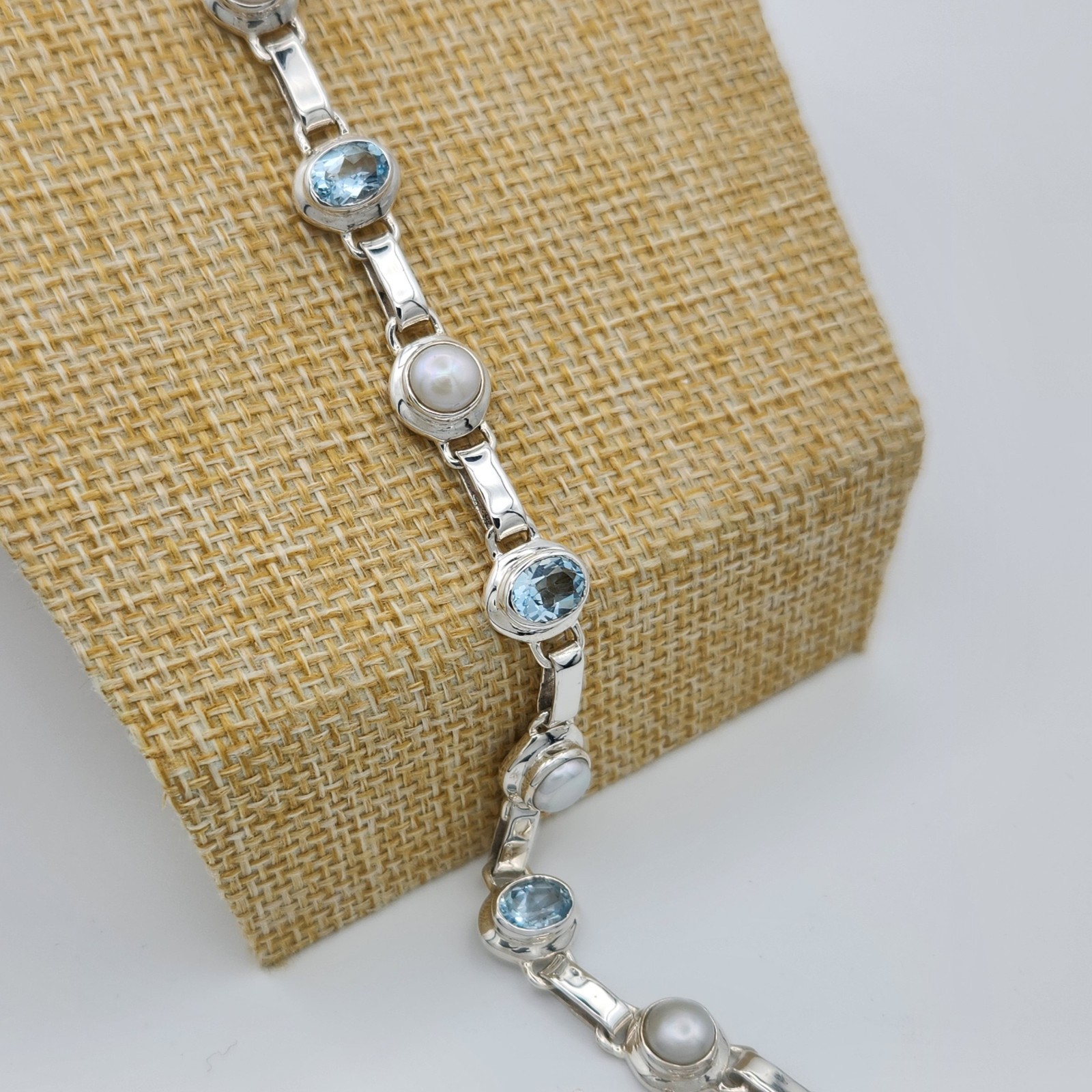 Blue Topaz Bracelet Pearl Sterling Silver Link Gemstone Bezel 925