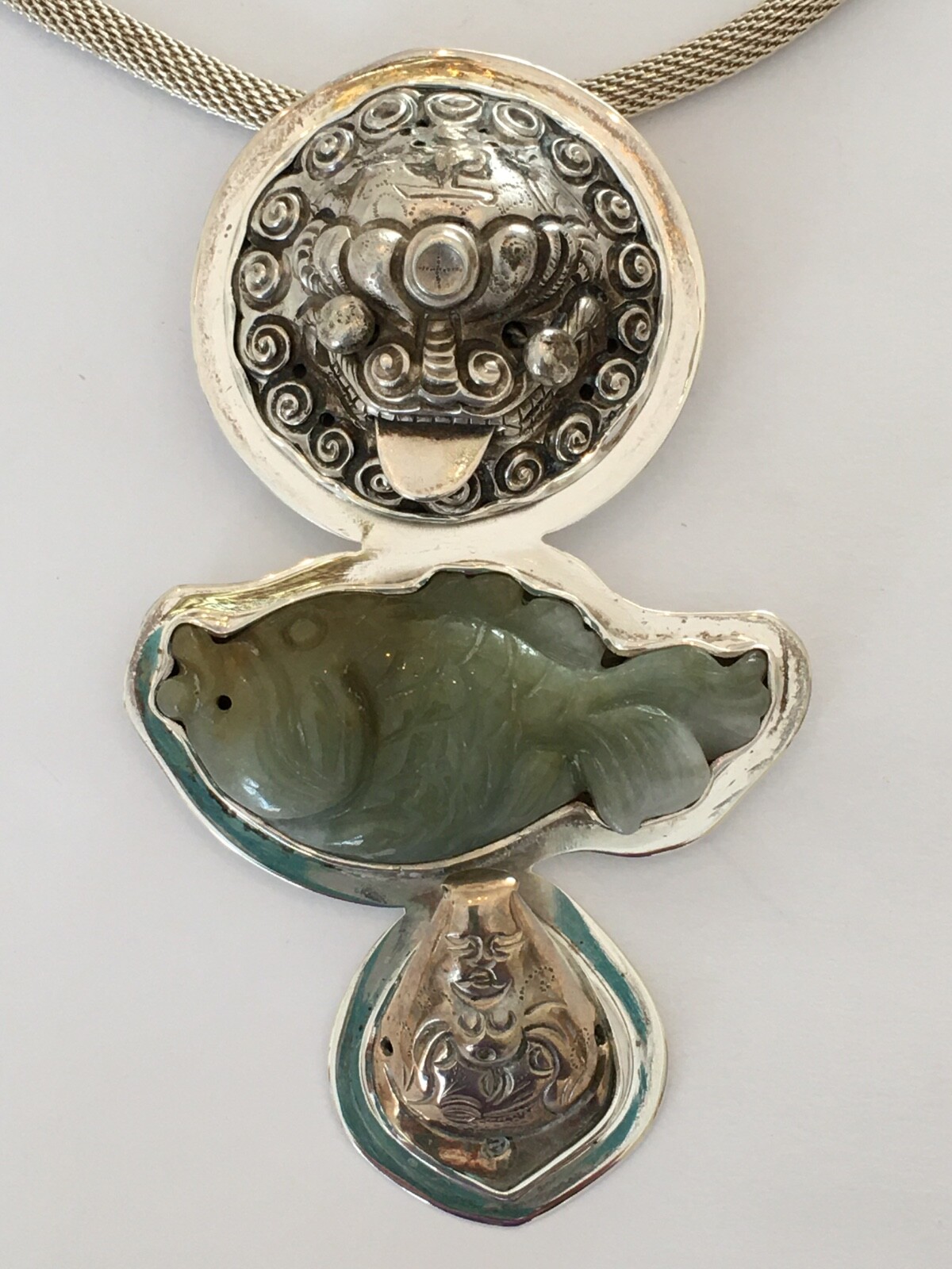 AMY KAHN RUSSELL AKR Sterling Silver Chinese Foo Dog Jade Pin & Pendant