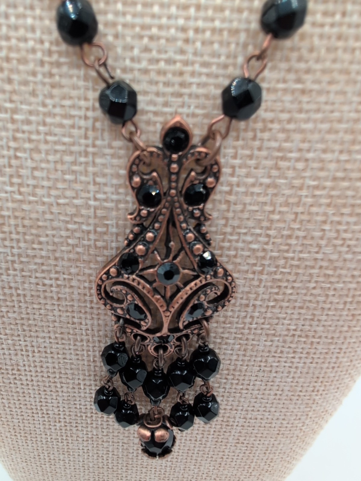 Victorian Revival Copper & Black Beaded Pendant Necklace 24″