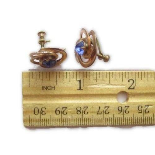Antique Rose gold Plated Love Knot Blue Rhinestone Screw Back Earrings