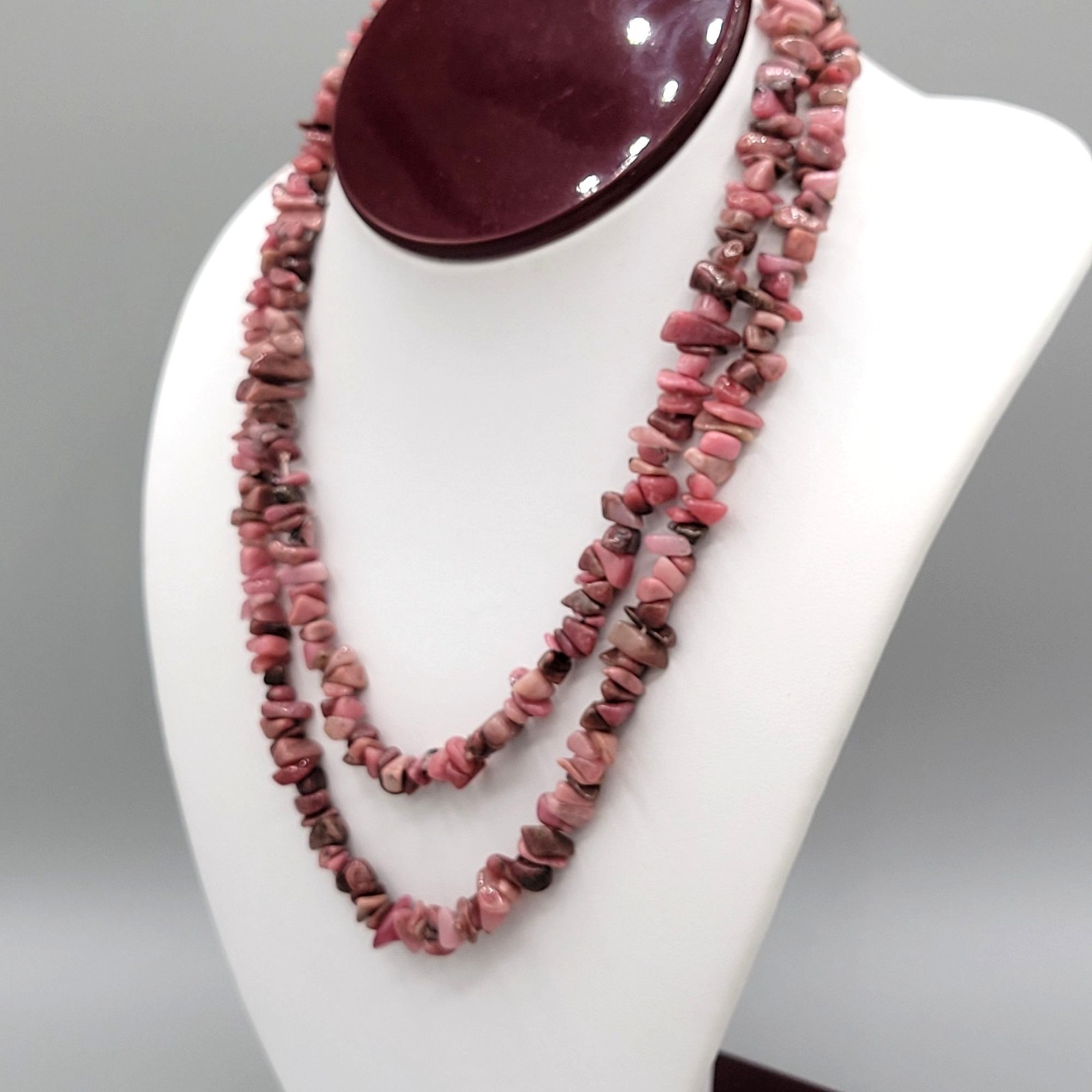 Pink Rhodonite Stone Chips Boho Long Necklace Natural Polished Vintage 32″