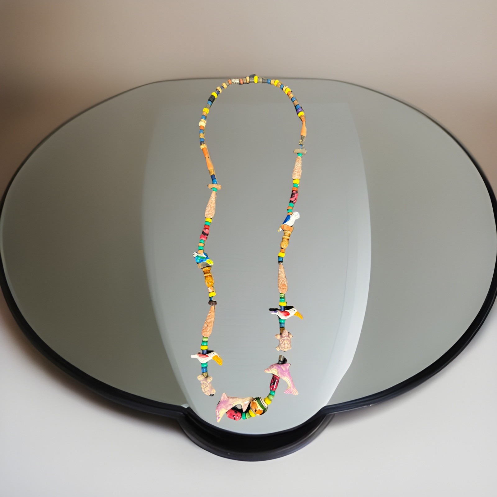 Vintage Fetish Tropical Parrots, Dolphins, Turtles Necklace Boho Unique
