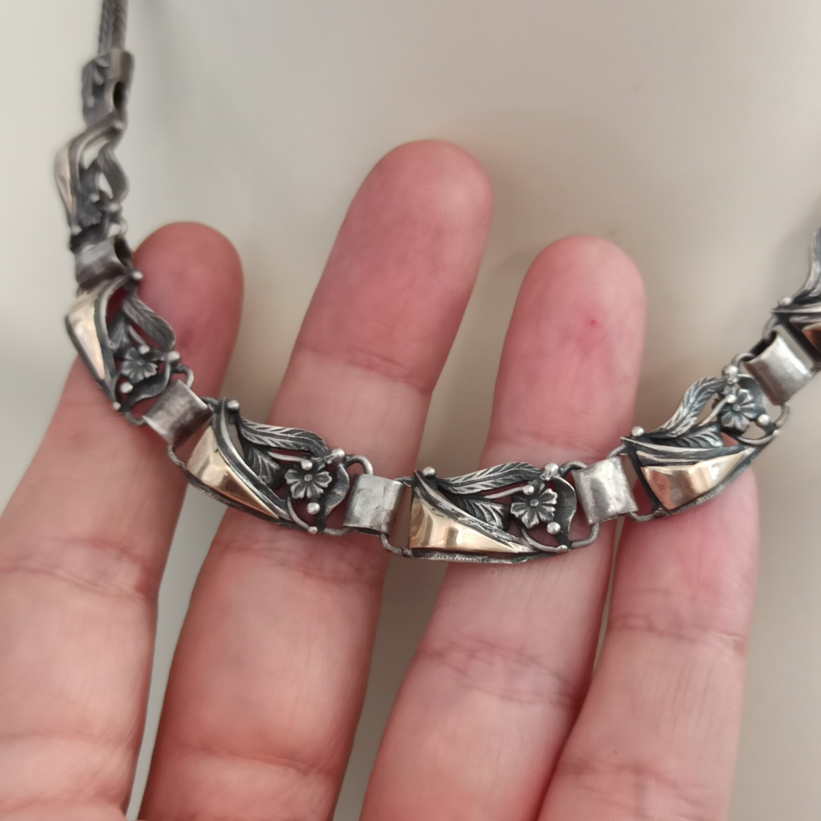 Vintage Silver Gold Necklace Bicolor Articulated Art Deco Revival Links 90s 925