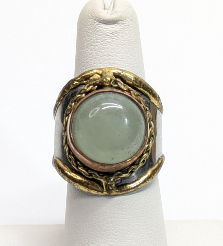 VTG Brass Copper Silver Tone Green Nephrite Statement Ring Sz 7 Adjustable Boho