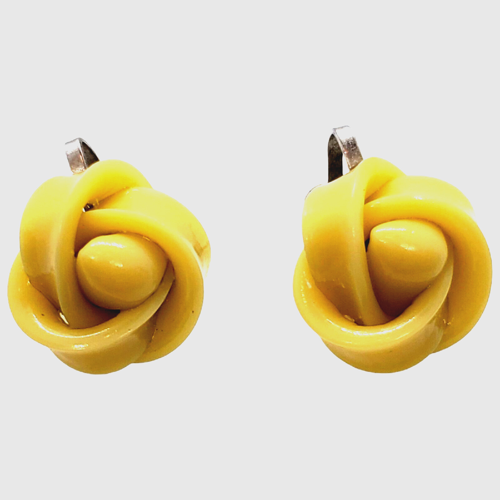 Vintage Celluloid Screw Back Earrings Yellow Rose Knot Silver Tone .5″
