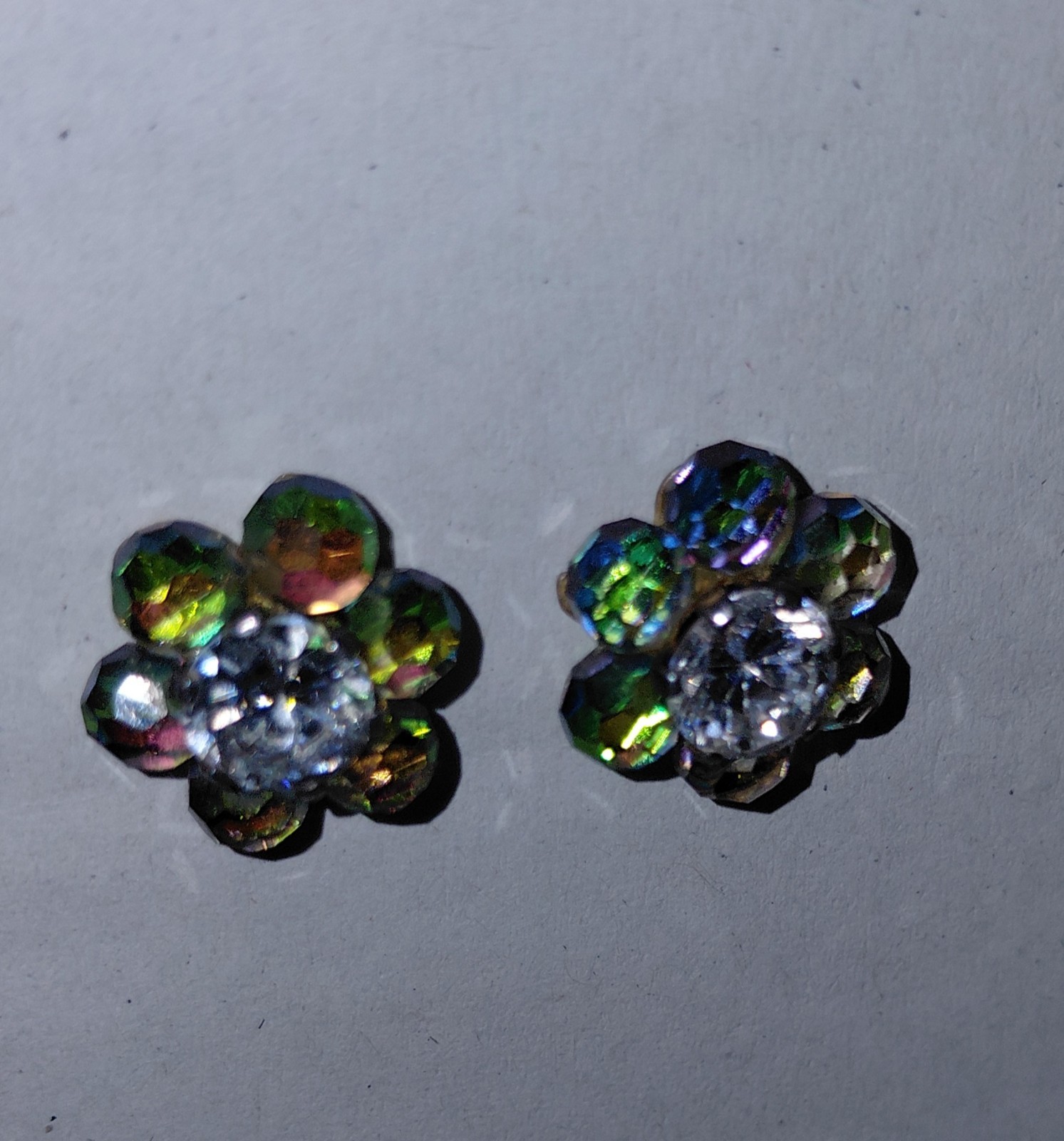 Flower-Shaped Stud Earrings with Aurora Borealis Crystal and Central Clear Stone