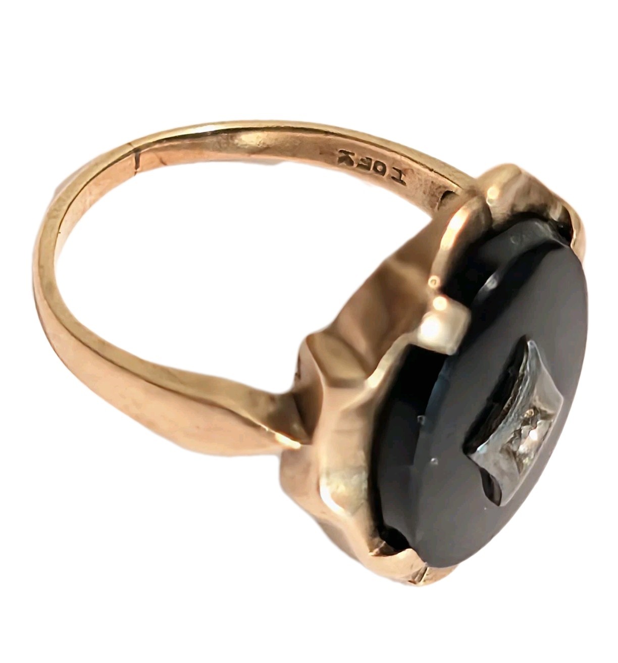 Vintage 10k Gold Black Onyx Ring W/ Diamond Chip Center 2.7g Size 5.25 – 5.5
