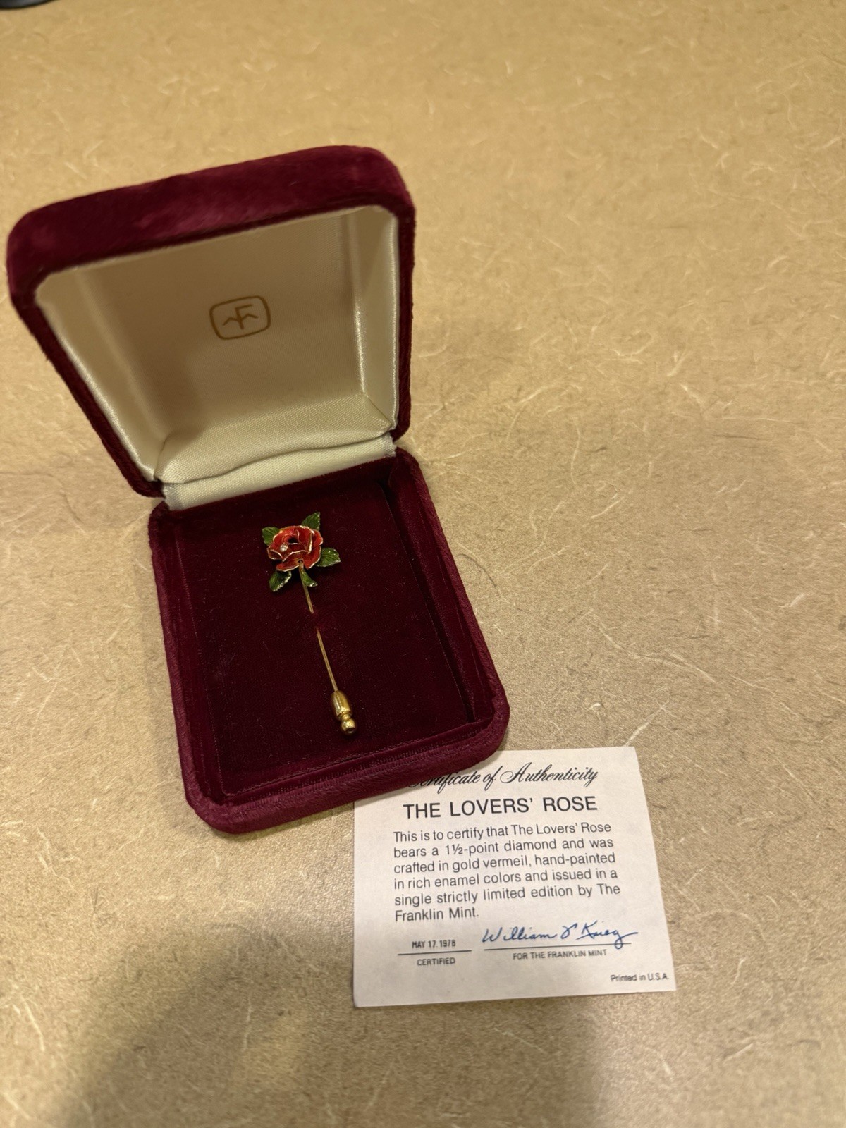 Vintage 1978 Franklin Mint The Lovers Rose Diamond Enamel Gold Vermeil Stick Pin