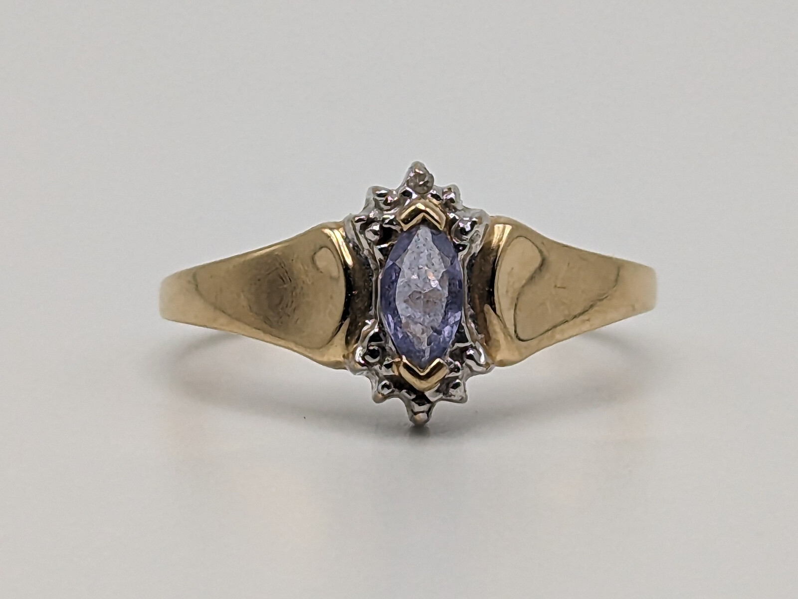 10k Yellow Gold Blue Iolite and Diamond Ring Violet Marquise Cut Diamond Ring