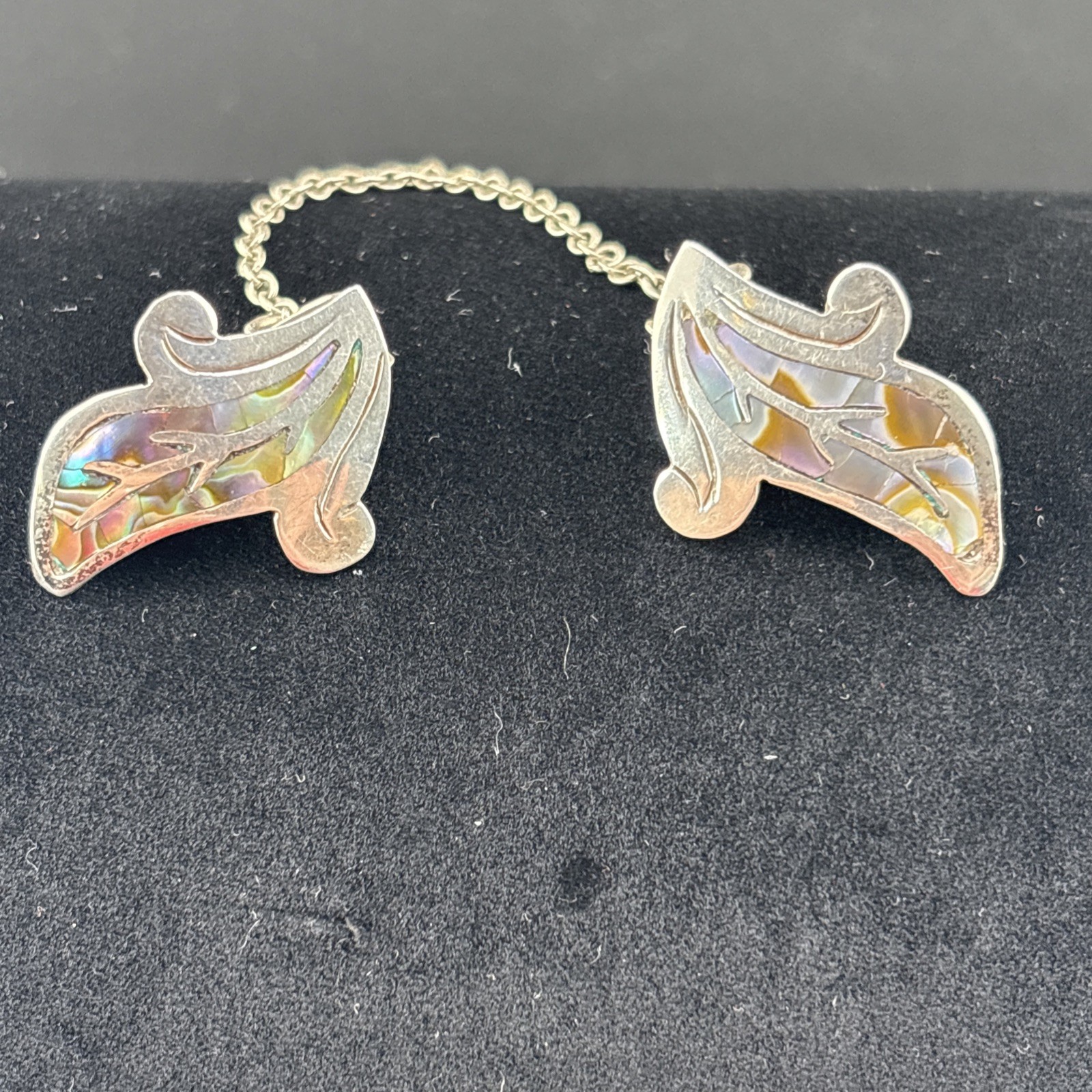 Vintage Sterling 925 Taxco Mex Abalone Leaf Cardigan Sweater Brooch Clips