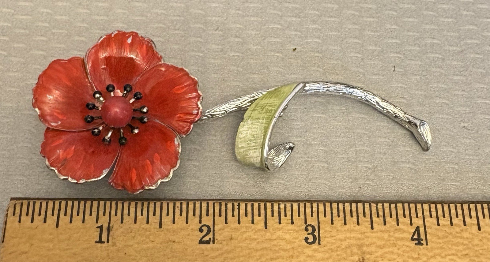 Vintage 60s Enamel Flower Power Brooch Long Stem Red Poppy Silvertone 4.25″