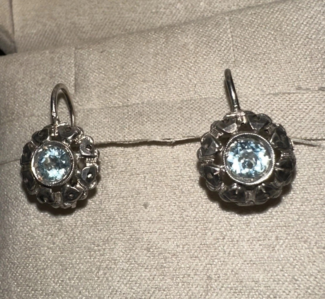 Art Deco Style Lab Created Aquamarine Diamond Anniversary 14k White Gold Earring