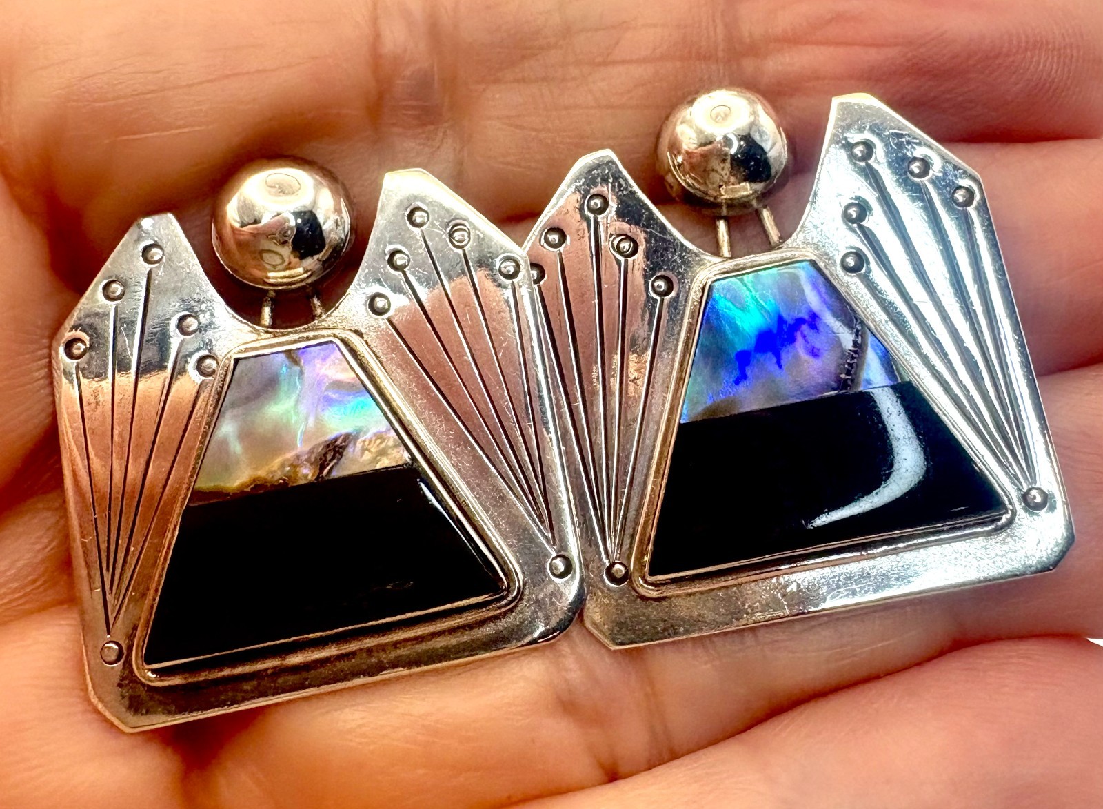Sterling Silver 925 Black Onyx Abalone MOP Shell Angel Figure Vintage Earrings