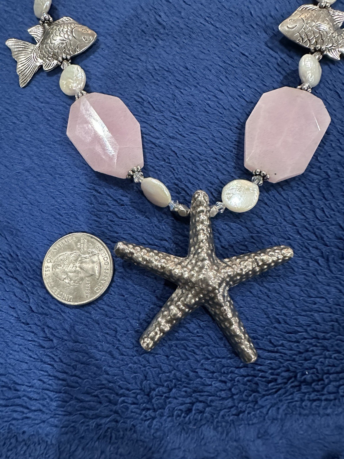 Sterling Silver 925 Rose Quartz MOP Starfish Fish Chunky Necklace, 17.5in Long
