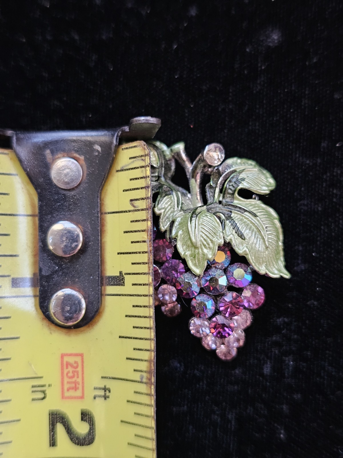 Vtg Brooch Grapes Vine Bunch Cluster Purple AB Rhinestone Enamel Silvertone